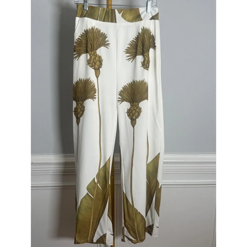 2-Piece Pant Set Women Size M White Green Botanical Thistle Tropical Loungewear